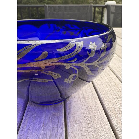Cobalt Blue Art Glass Bowl Vase w Lily of the Valley Sterling Overlay 1950s 7” - Picture 5 of 10